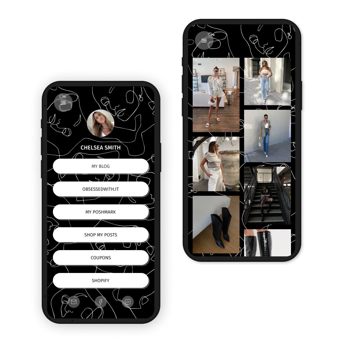 In-Bio phone mock up which is an app that lets creators share shoppable links with their audience. The creator's background is black with fun abstract facial images with the links and products overlaid on top.
